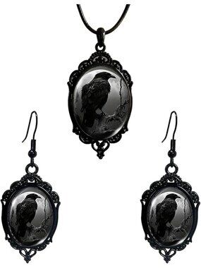 Vintage Gothic Raven Bat Witch Jewelry Set Cameo Necklace Earrings- A2:Black